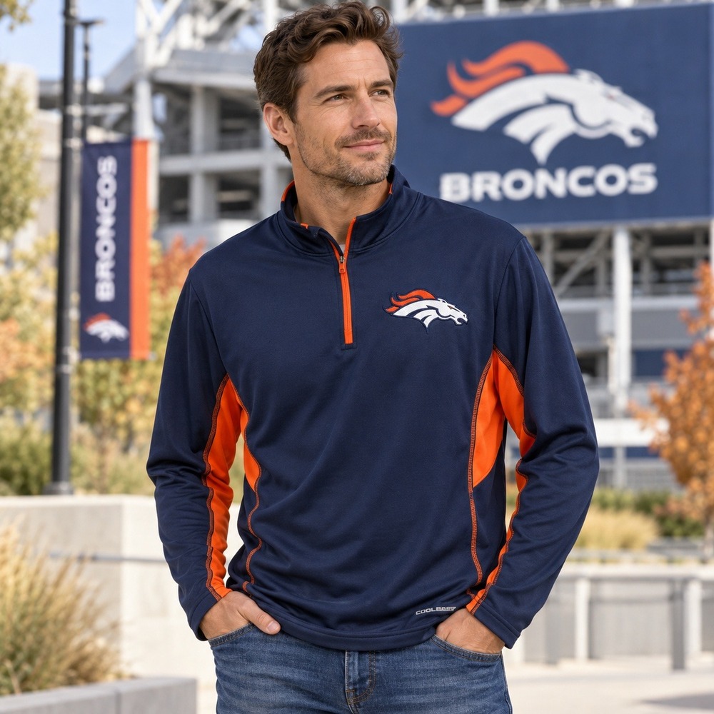 Majestic Denver Broncos NFL Cool Base Quarter Zip Pullover Navy Orange‎ S